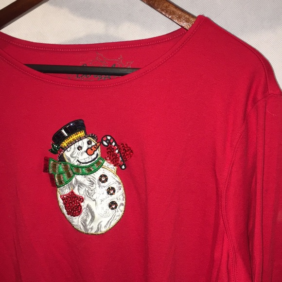 Coral Bay Festive Red Holiday Top With Snowman Appliqué | Christmas Red - Picture 3 of 5